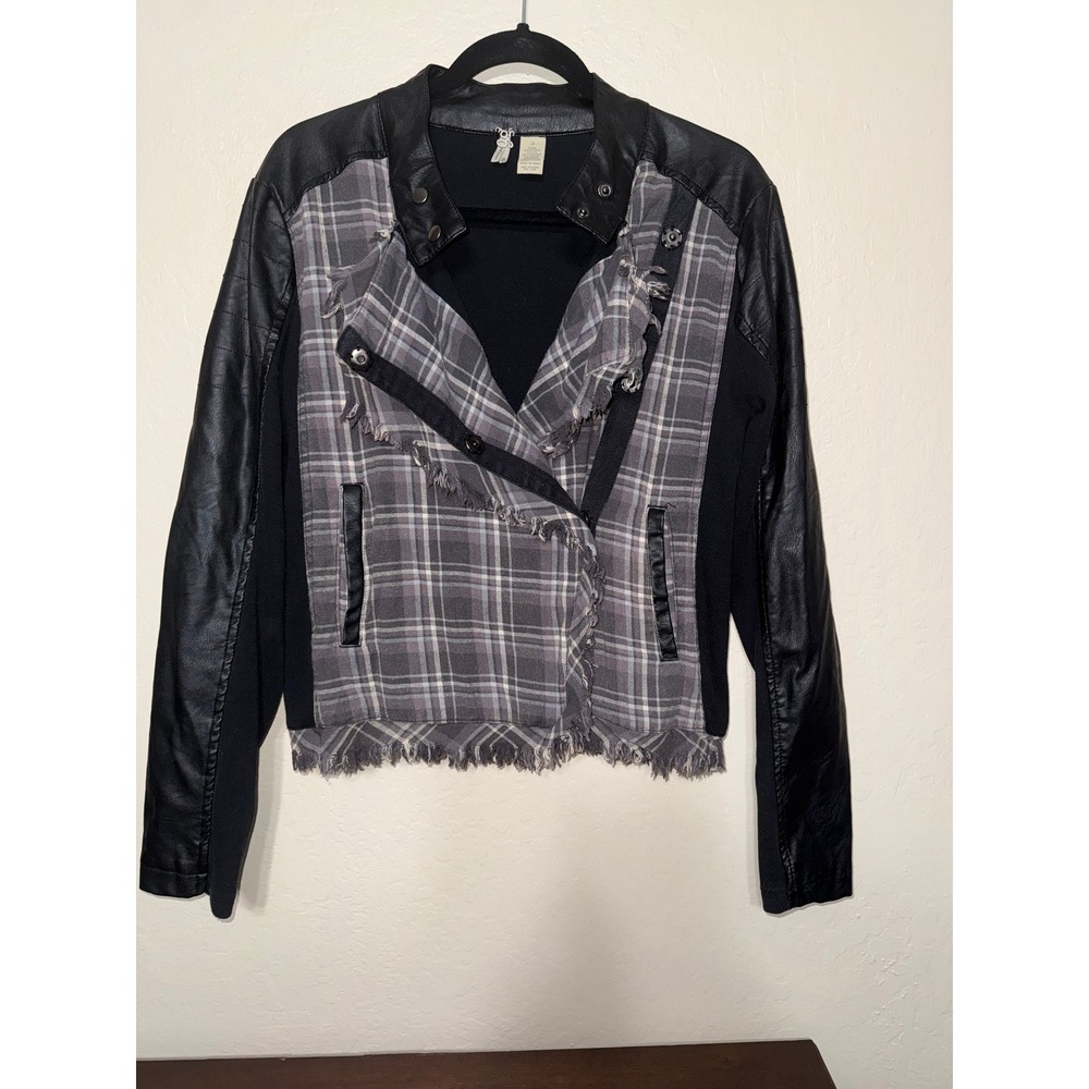 Womens Fringed Plaid Moto‎ Jacket Faux Leather Black Grey Size S
